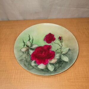 9" Haviland France Hand-Painted Display Plate Gold Rimmed Roses Red Green